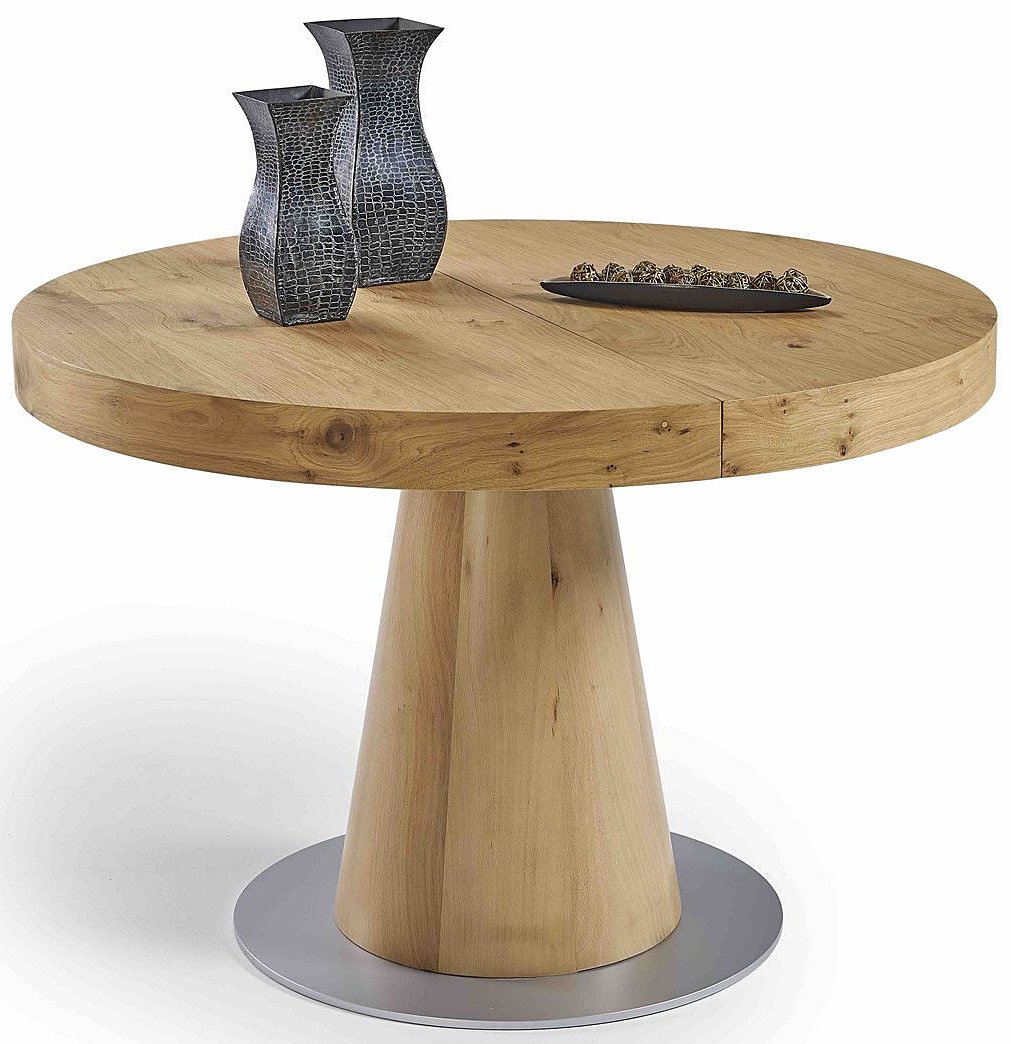 Mesa redonda de comedor en madera de roble y pie central en madera