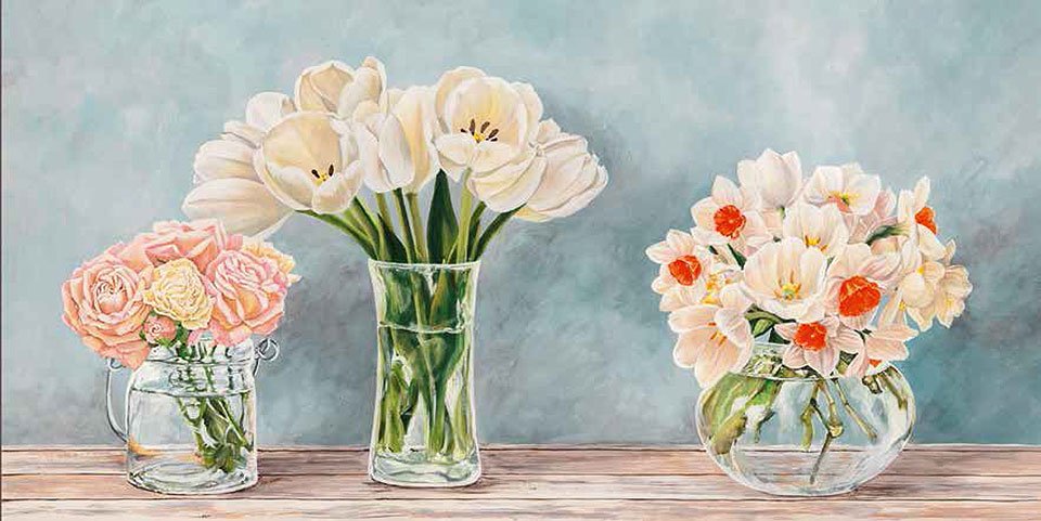 Cuadro canvas fleurs et vases aquamarine