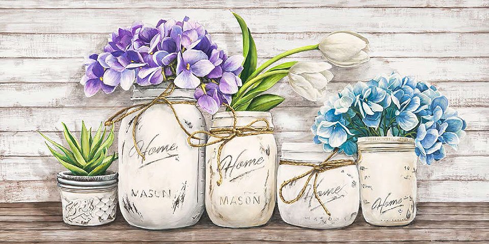 Cuadro canvas flores hydrangeas in mason jars