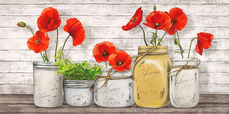 Cuadro canvas flores poppies in mason jars