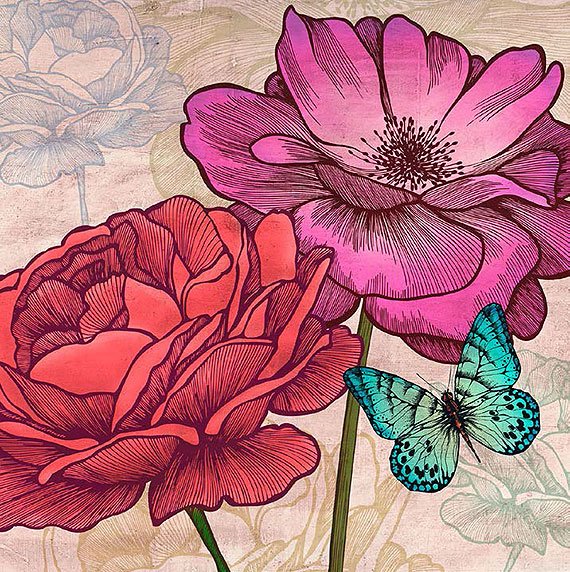 Cuadro canvas flores roses and butterflies