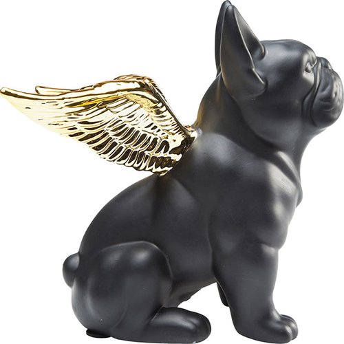 Figura decorativa perro ángel cerámica oro y negro
