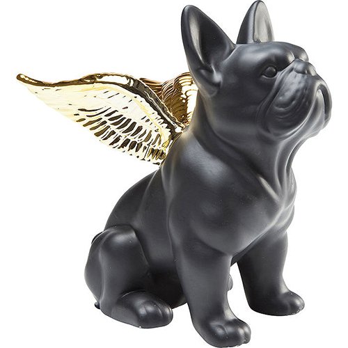 Figura decorativa perro ángel cerámica oro y negro