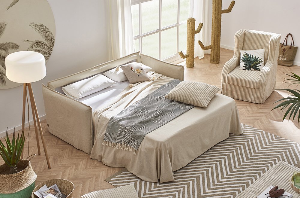 Sofá cama desenfundable tapizado en tejido natural Hamptons