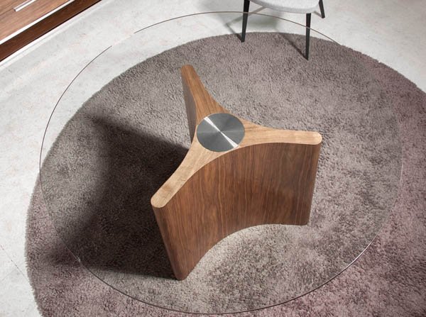 Mesa de comedor moderna redonda nogal y cristal Galileo