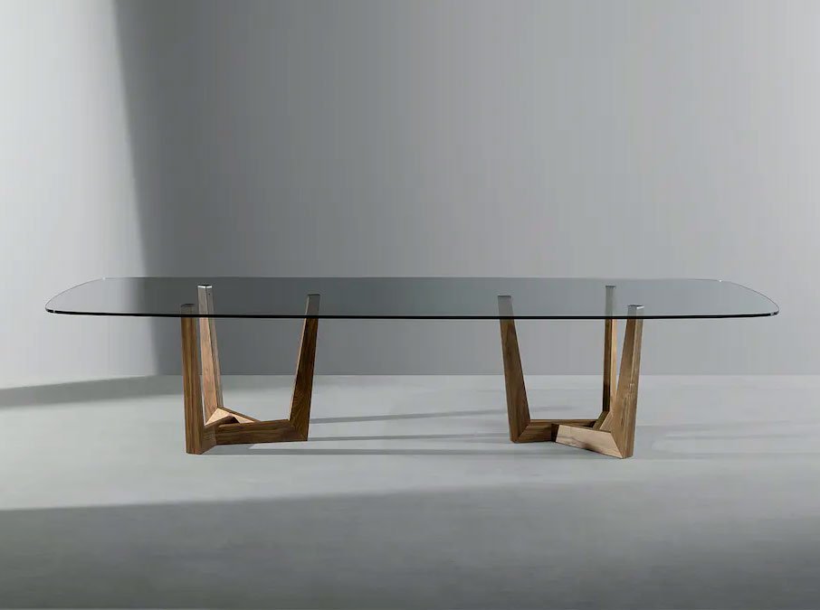 Mesa de comedor esquinas redondeadas cristal y madera Art Bonaldo