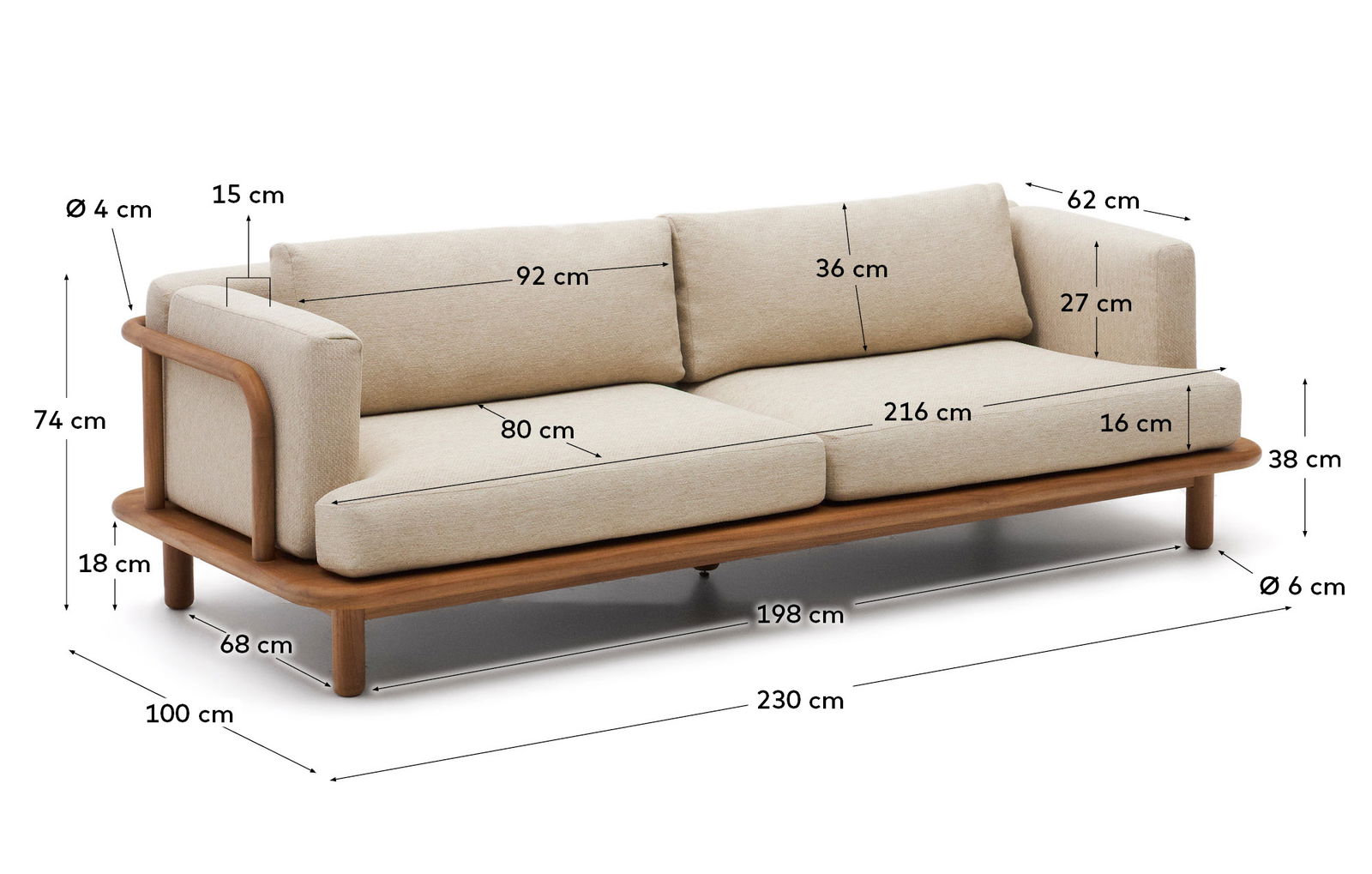 Sofá Turqueta de 3 plazas de madera maciza de teca 230 cm