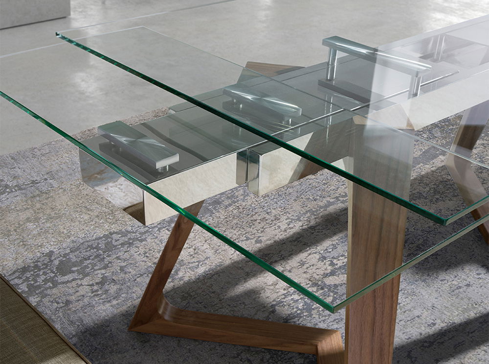 Mesa de comedor extensible nogal y cristal Graus