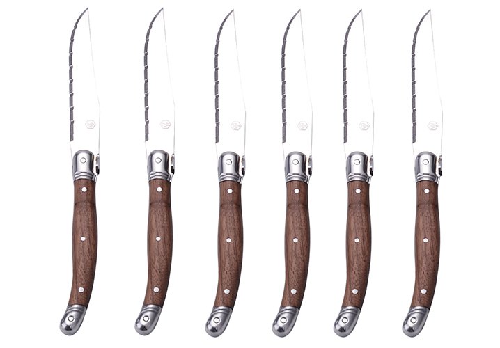 6 cuchillos de carne y 6 tenedores hoja de nogal