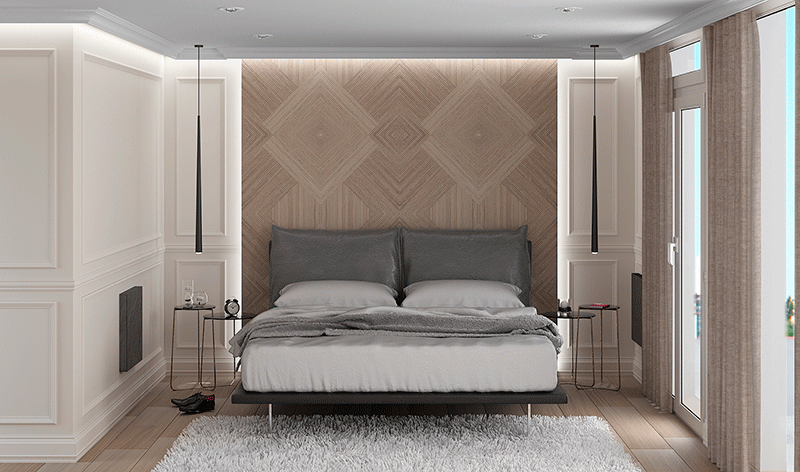 Vestidor con mueble vintage de madera con espejos suelo de moqueta gris y  taburete de diseño tapizado en gris