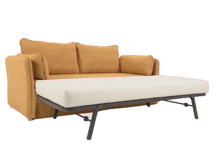 Sofá cama tapizado mostaza patas de madera natural Tanit